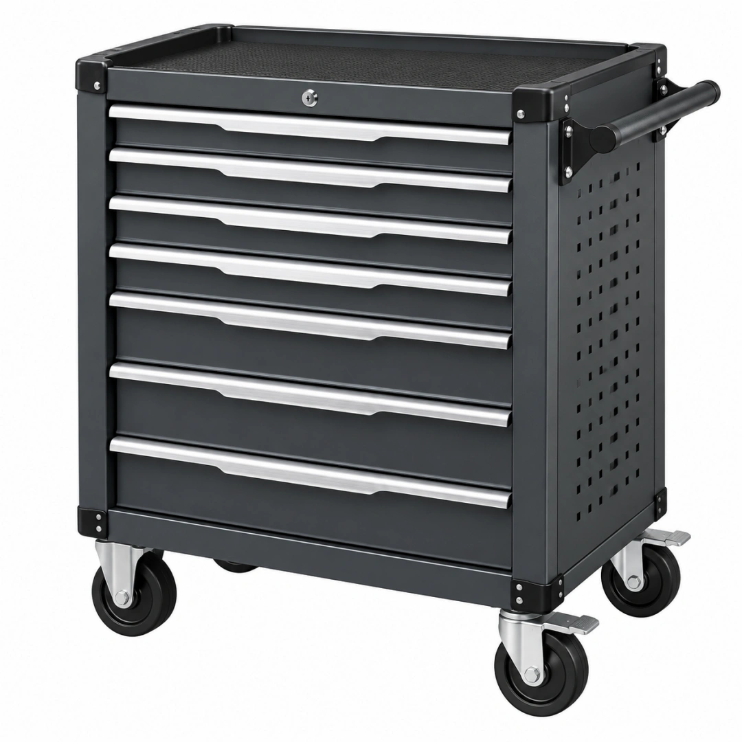 Carro de herramientas 77 x 46 x 97 cm de acero negro con 7 cajones y ruedas
