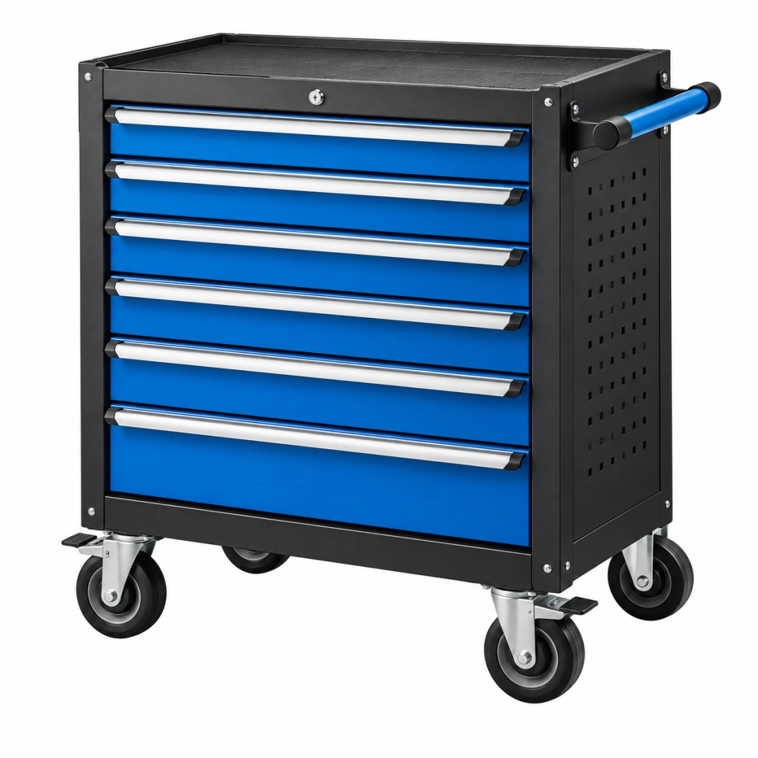 Carro de herramientas 77 x 46 x 97 cm de acero negro y azul con 7 cajones y ruedas
