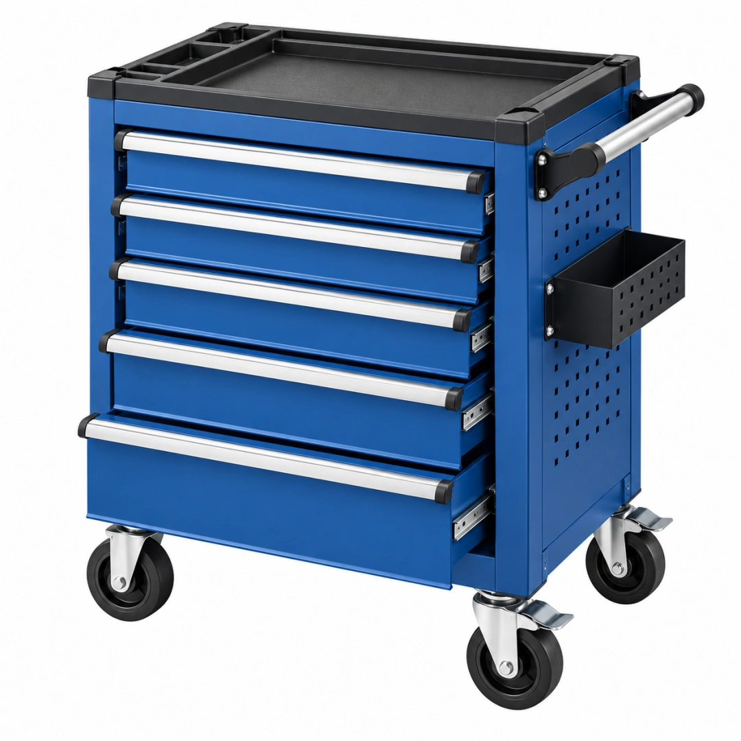 Carro de herramientas 77 x 46 x 96 cm de acero azul con 5 cajones y ruedas