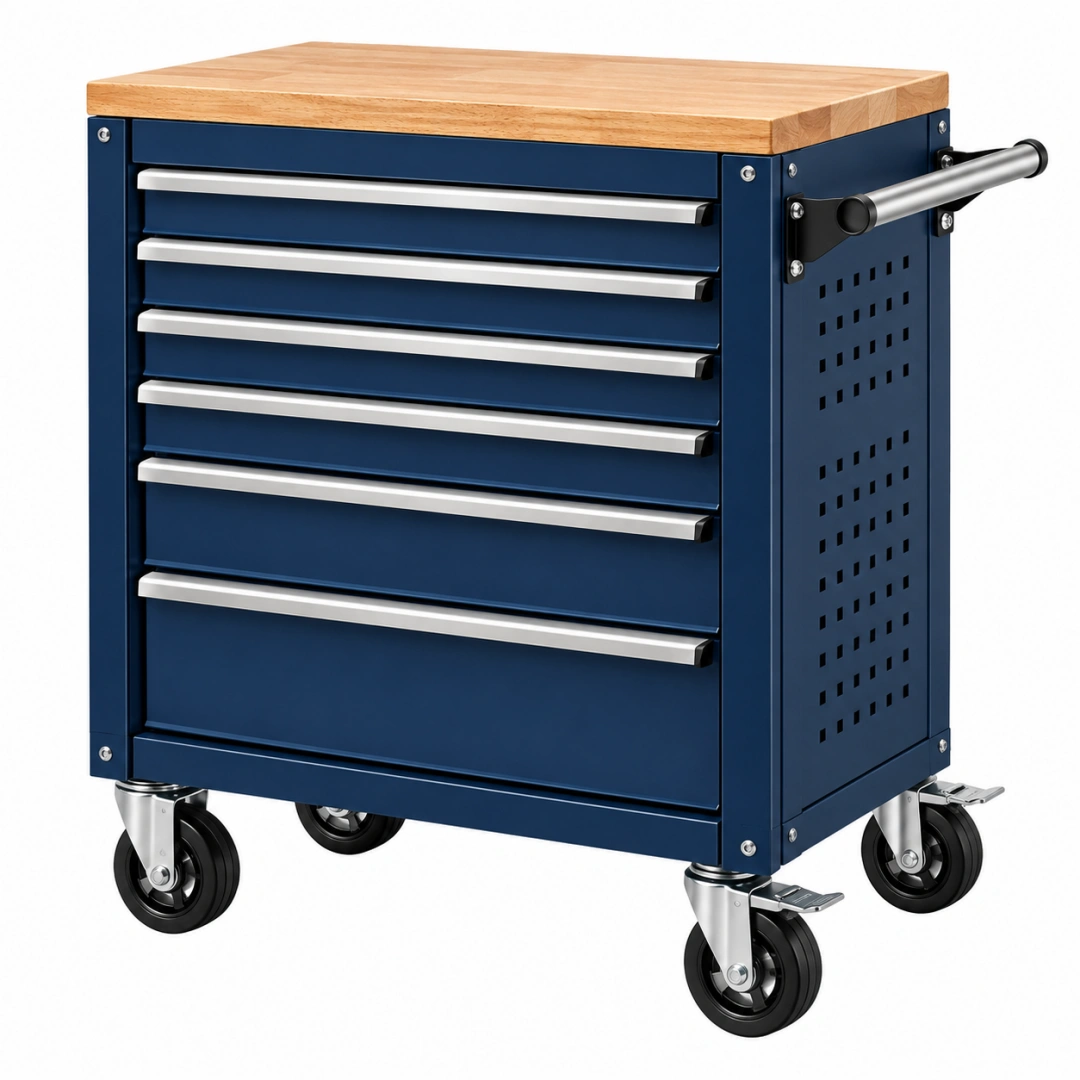 Carro de herramientas 77 x 46 x 97 cm de metal azul con encimera de madera y 7 cajones