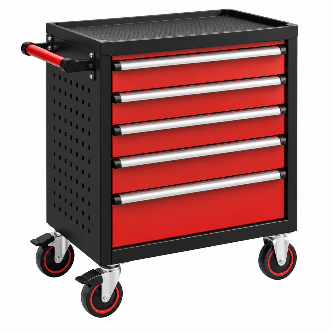 Carro de herramientas 77 x 46 x 97 cm de acero negro y rojo con 5 cajones y ruedas