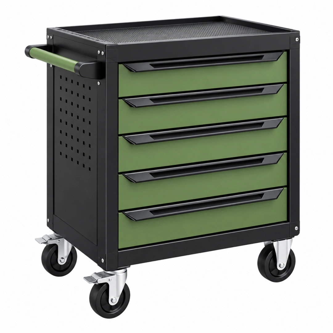 Carro de herramientas 76 x 46 x 97 cm de acero negro y verde con 5 cajones y ruedas