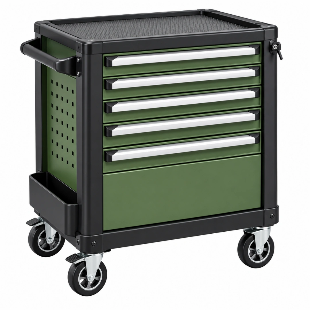 Carro de herramientas 77 x 46 x 97 cm de acero verde y negro con 5 cajones y ruedas